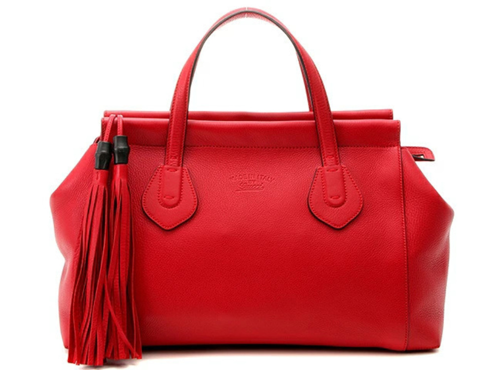 Gucci Bamboo Tassel Tote Bag Red Leather